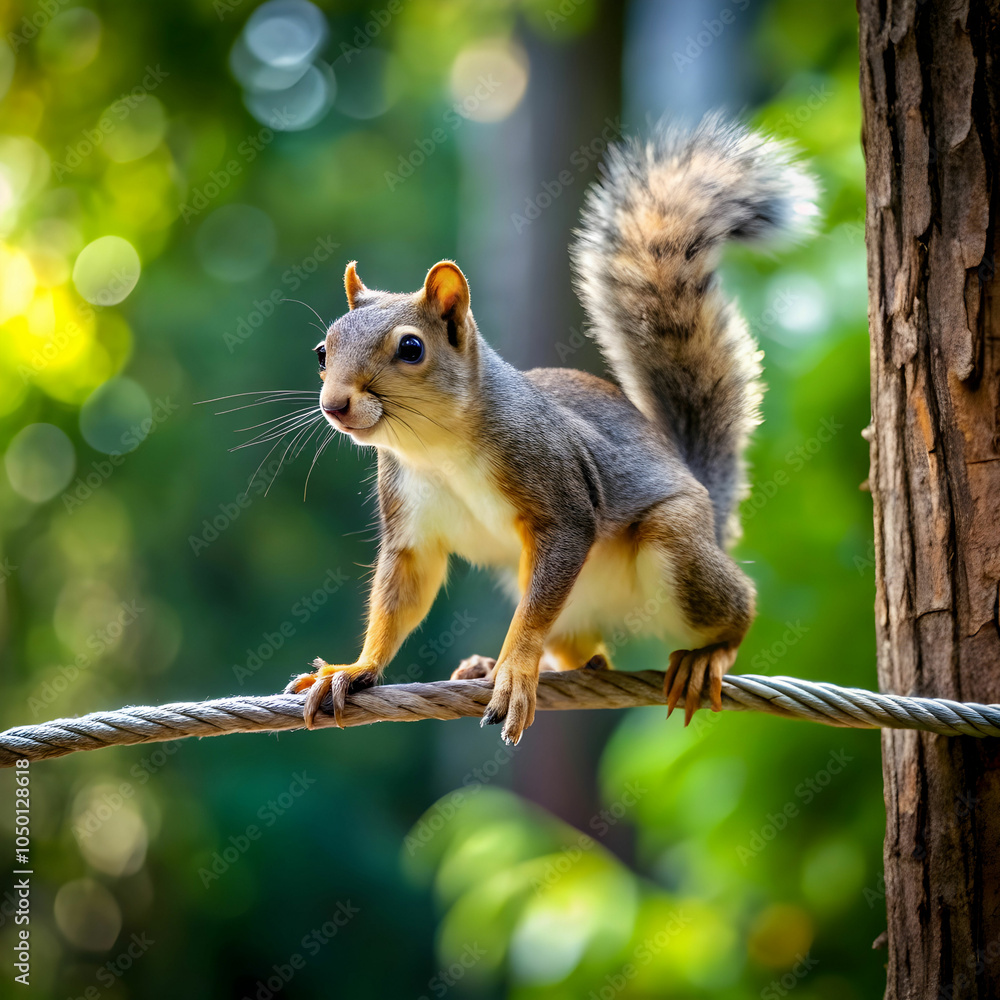 Obraz premium A daring squirrel balances on a tightrope stretched between trees.