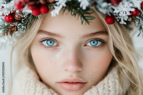 A young girl with striking blue eyes wears a vibrant floral crown, wrapped in a cozy scarf, set against a snowy landscape that highlights the enchanting winter atmosphere.