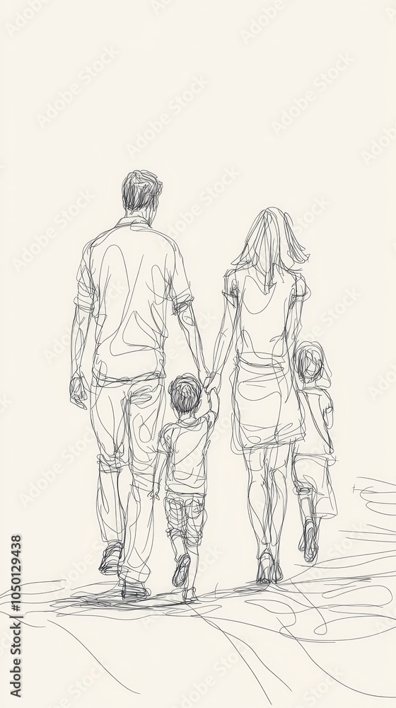 Family Walking Together: Sketch of a Parent and Two Children Family Walking Together: Sketch of a Parent and Two Children