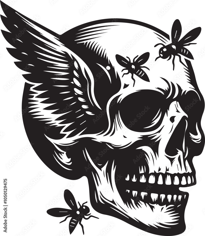 Obraz premium Skull Head with bee & wing