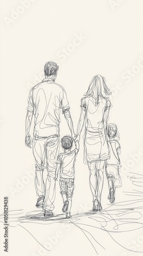 Family Walking Together: Sketch of a Parent and Two Children