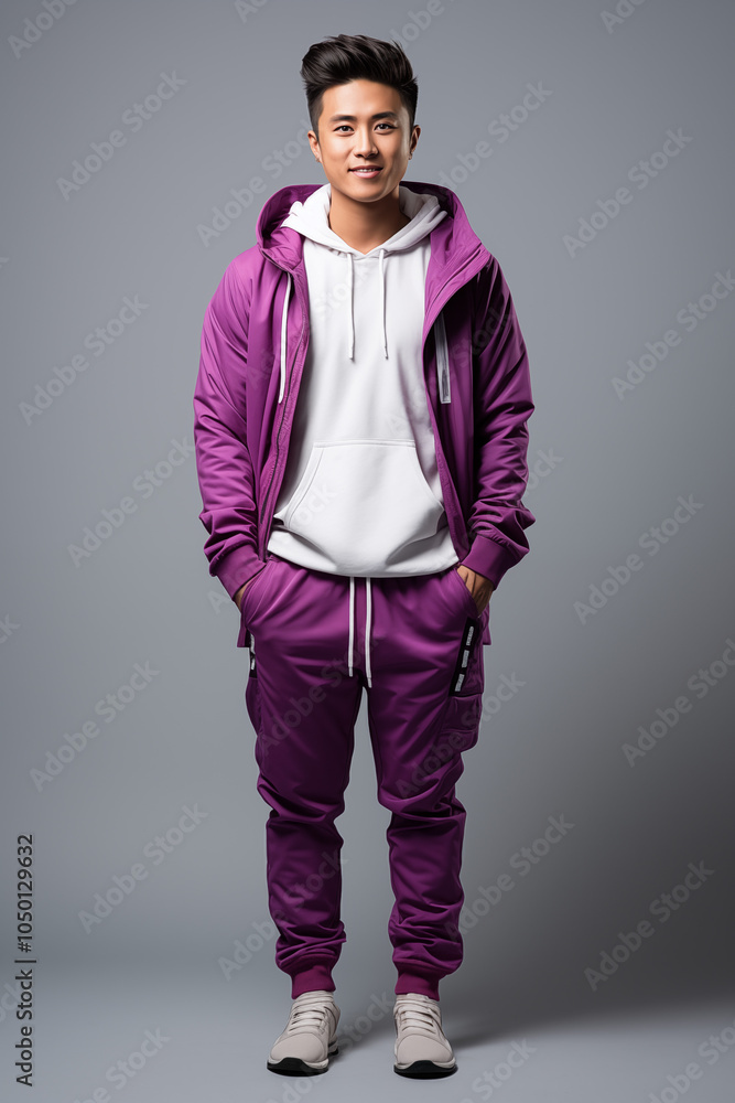 Fototapeta premium a man in purple color casual outfit standing in the studio with isolated background