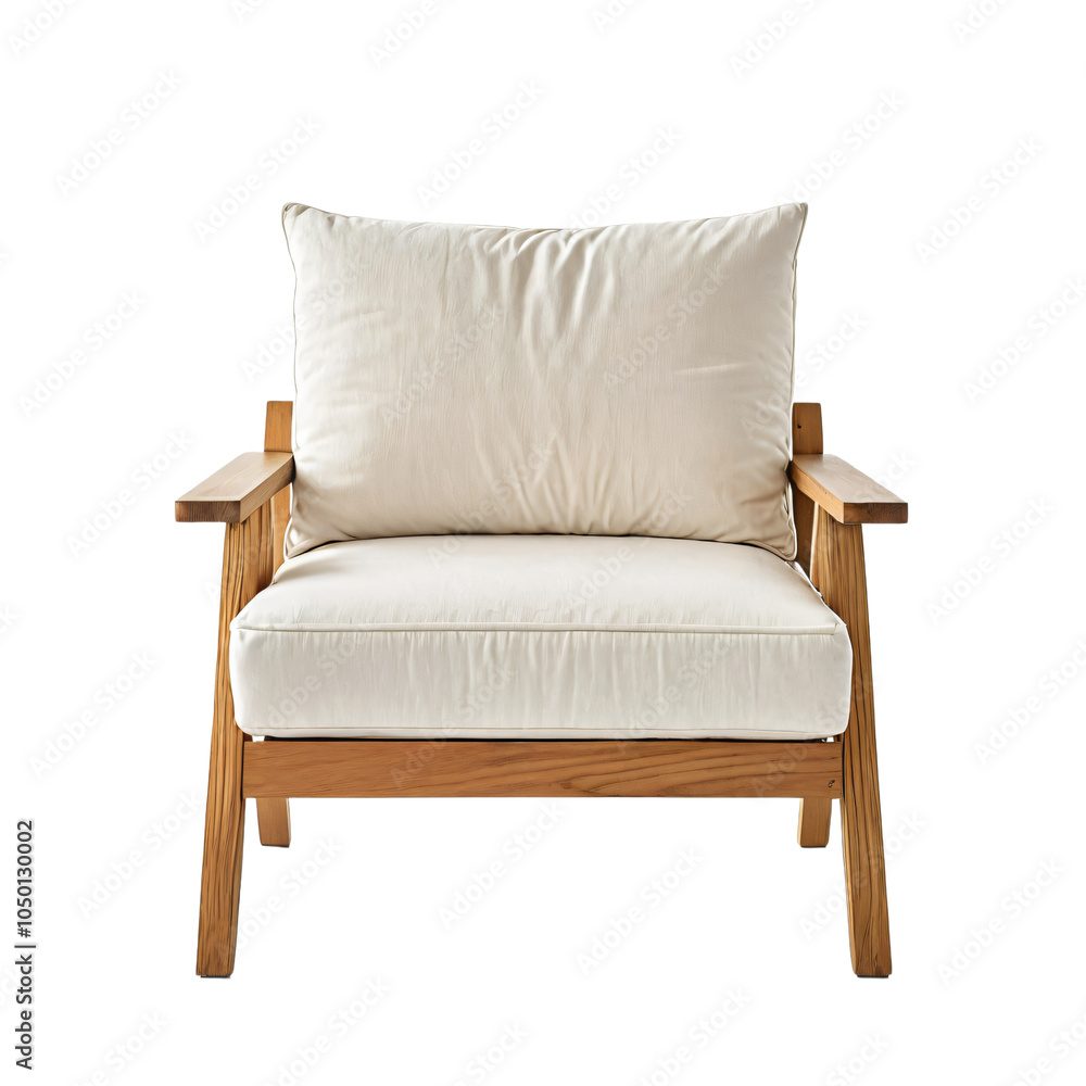 A wooden armchair with a white cushion and armrests is centrally positioned against a white background, creating a serene and tranquil atmosphere A wooden armchair with a white cushion and armrests is centrally positioned against a white background, creating a serene and tranquil atmosphere