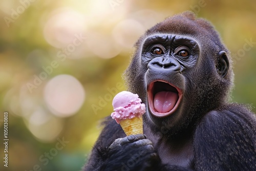 Funny gorilla eating ice cream on blurred background photo