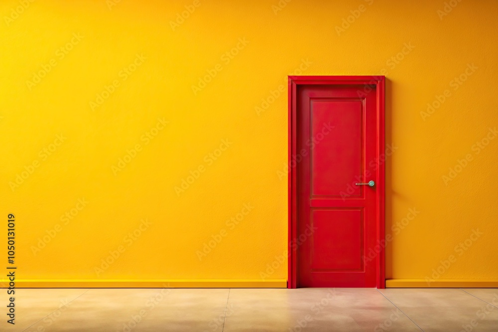 red door isolated on a yellow background, panoramic red door isolated on a yellow background, panoramic