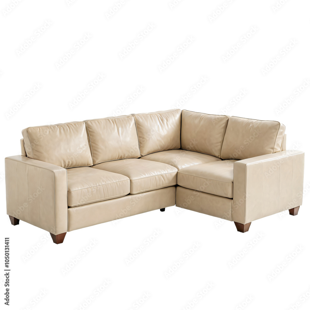 Obraz premium A beige leather sectional sofa with six cushions and a matching ottoman is displayed against a white background, showcasing its luxurious design and comfortable seating