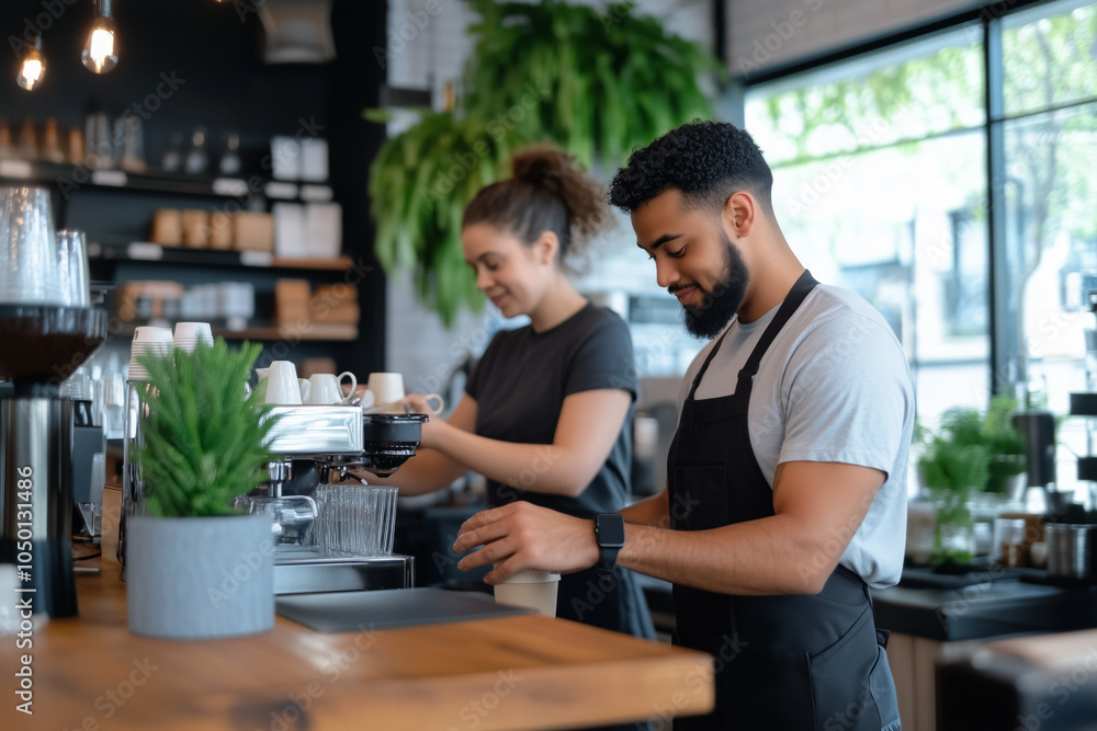 Two diverse baristas collaborate in a cozy, plant-filled café, one using the espresso machine, the other preparing a drink, highlighting teamwork and quality service. Concept: collaborative service Two diverse baristas collaborate in a cozy, plant-filled café, one using the espresso machine, the other preparing a drink, highlighting teamwork and quality service. Concept: collaborative service