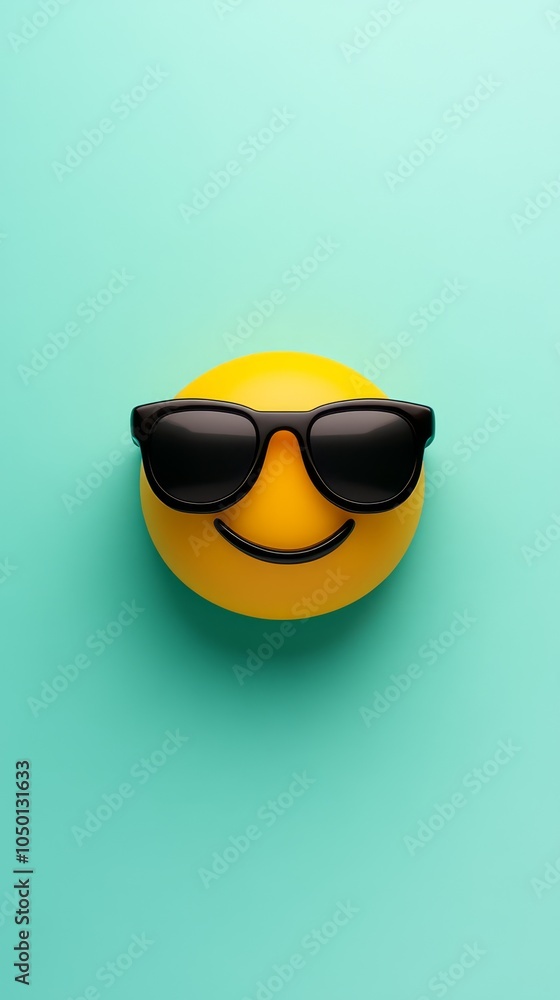 Playful Yellow Emoji with Sunglasses on a Turquoise Background Playful Yellow Emoji with Sunglasses on a Turquoise Background
