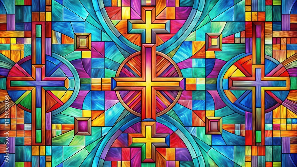 A stained glass window design with intricate geometric patterns and vibrant colors featuring repeating crosses, arches, and circles. A stained glass window design with intricate geometric patterns and vibrant colors featuring repeating crosses, arches, and circles.
