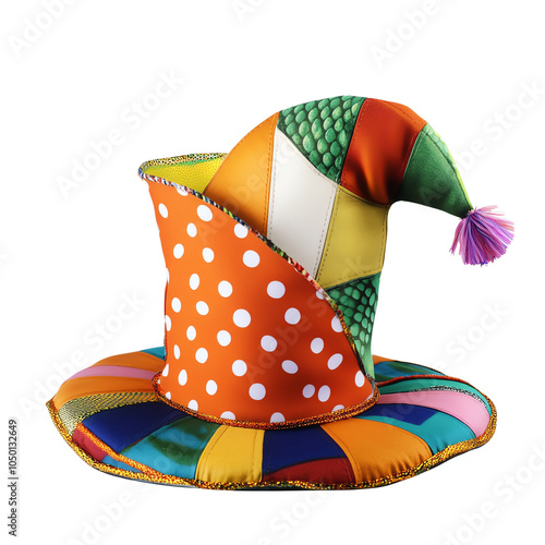 Colorful clown hat with polka dots and vibrant patterns, perfect for celebrations or costume parties. photo