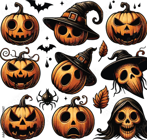Spooky Pumpkin Faces & Witchy Vibes illustration