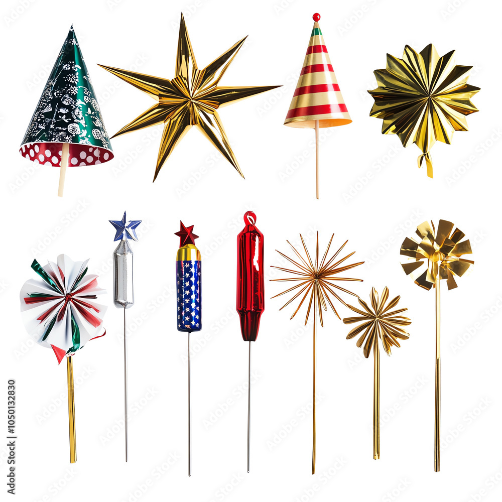 Obraz premium Colorful party decorations featuring various festive shapes for celebrations, adding sparkle and joy to any event.