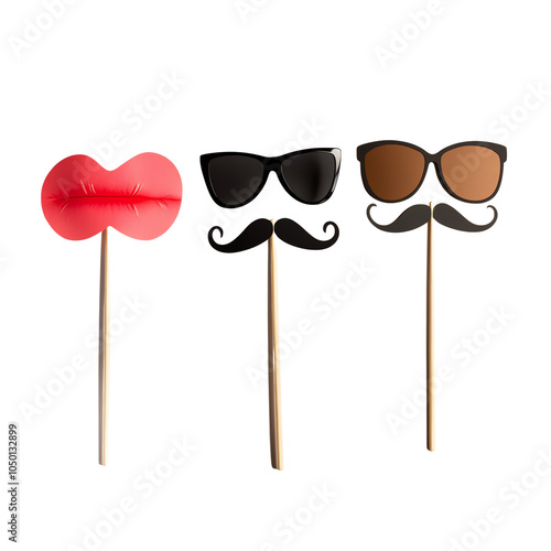 Colorful photo booth props featuring lips, glasses, and mustaches for fun party entertainment. photo