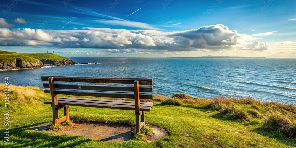 Obraz premium scenic bench overlooking Irish Sea on North Coast of Anglesey, Wales