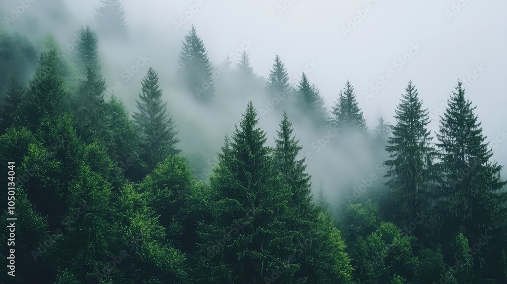 A steep forest hillside shrouded in thick mist, with tall pines and ferns barely visible through the fog, creating a secluded and mysterious feel A steep forest hillside shrouded in thick mist, with tall pines and ferns barely visible through the fog, creating a secluded and mysterious feel
