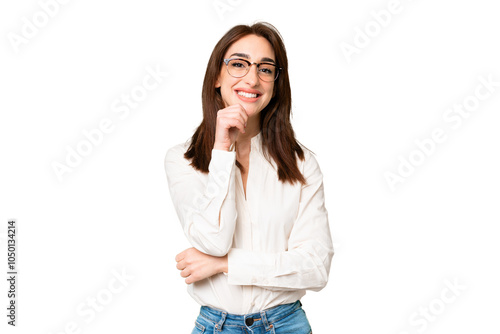 Young caucasian woman over isolated chroma key background with glasses and smiling