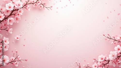 Tranquil springtime scene with cherry blossoms on light pink background