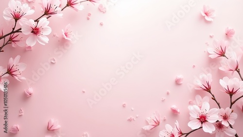 Tranquil springtime scene with cherry blossoms on light pink background