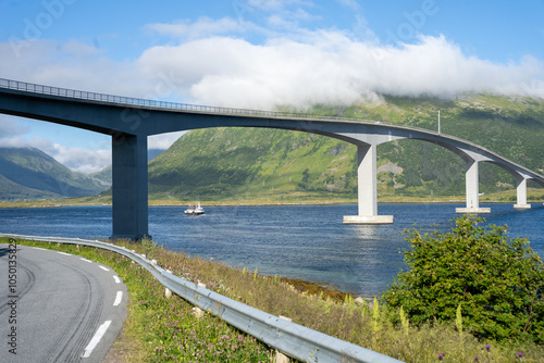 Landscape of Gimsoystraumen Bridge in the Lofoten islands, Norway photo