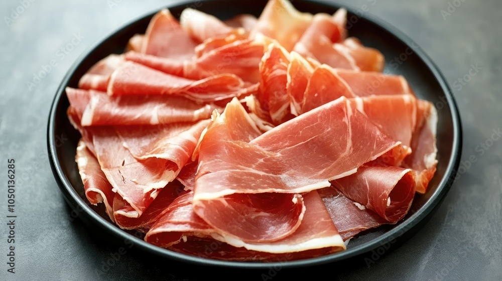 Elegant display Serrano on a black plate, offering a gourmet presentation with generous room for copy. Elegant display Serrano on a black plate, offering a gourmet presentation with generous room for copy.