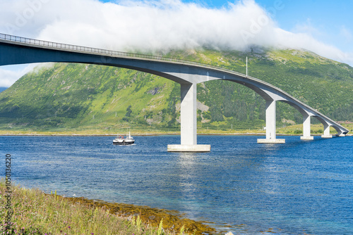 Landscape of Gimsoystraumen Bridge in the Lofoten islands, Norway photo