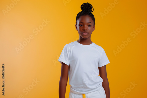 teenage girl wearing white t-shirt on bright plain background, t-shirt mockup