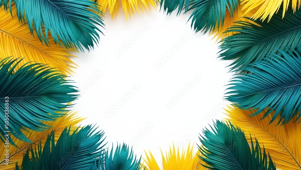 Tropical white space with vibrant blue yellow and green feathers Tropical white space with vibrant blue yellow and green feathers