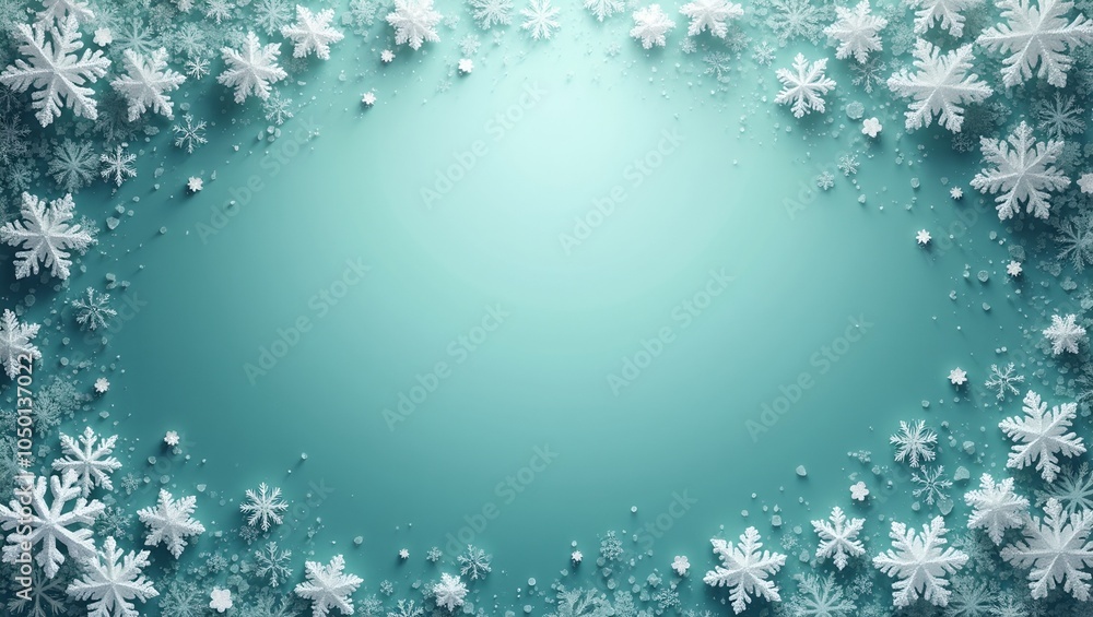 Fototapeta premium Winter themed teal background with icy crystals and snowflakes framing a central empty space