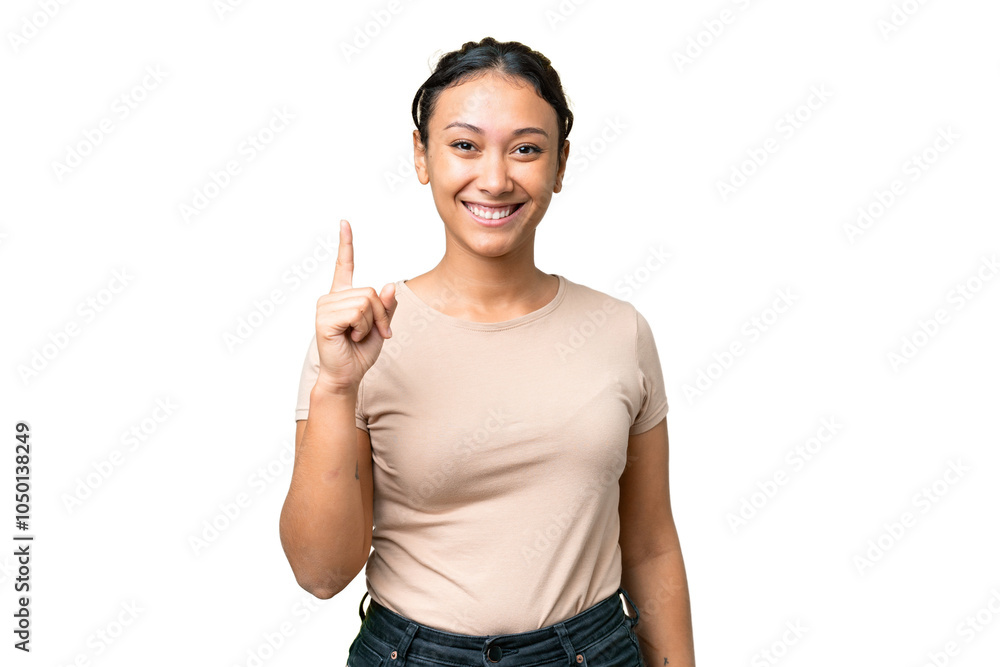 Young Uruguayan woman over isolated chroma key background pointing up a great idea Young Uruguayan woman over isolated chroma key background pointing up a great idea