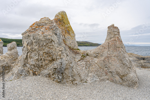 Trollholmsund dolomite rock formations next to Porsangerfjord in Norway photo