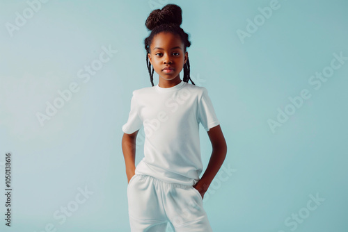 teenager wearing white t-shirt on plain background, t-shirt mockup