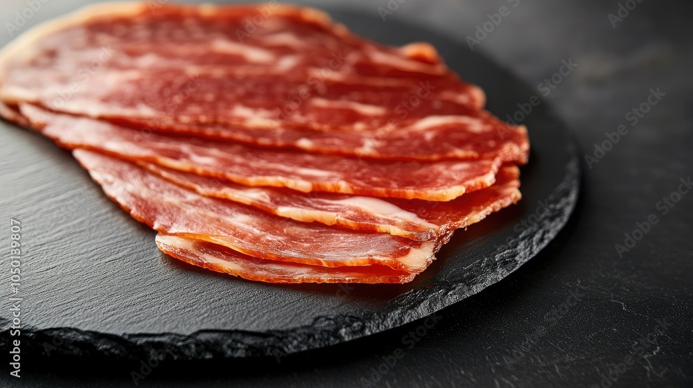 Serrano delicately laid out on a black plate, providing a luxurious presentation with ample space for text.