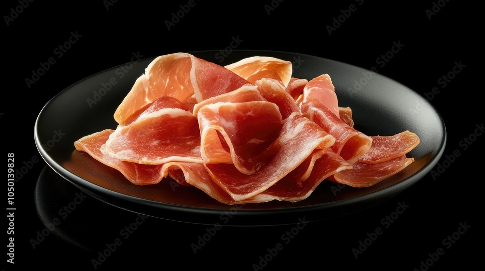 Serrano slices artfully placed on a sleek black plate, perfect for gourmet or culinary-themed designs. Serrano slices artfully placed on a sleek black plate, perfect for gourmet or culinary-themed designs.