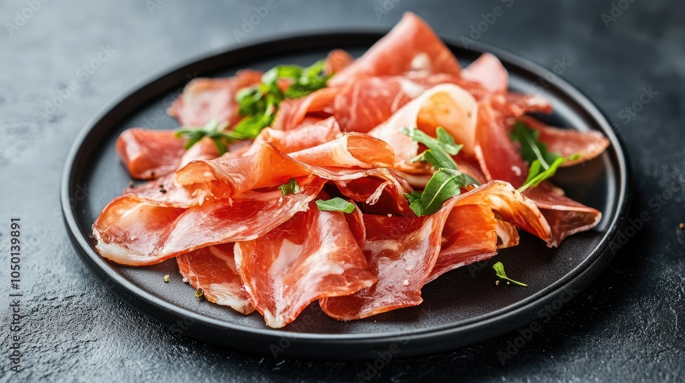 Serrano slices artfully placed on a sleek black plate, perfect for gourmet or culinary-themed designs. Serrano slices artfully placed on a sleek black plate, perfect for gourmet or culinary-themed designs.