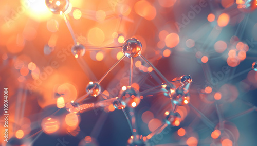 A close-up of an abstract water molecule structure, set against a blurred background with soft lighting to highlight the geometric shapes