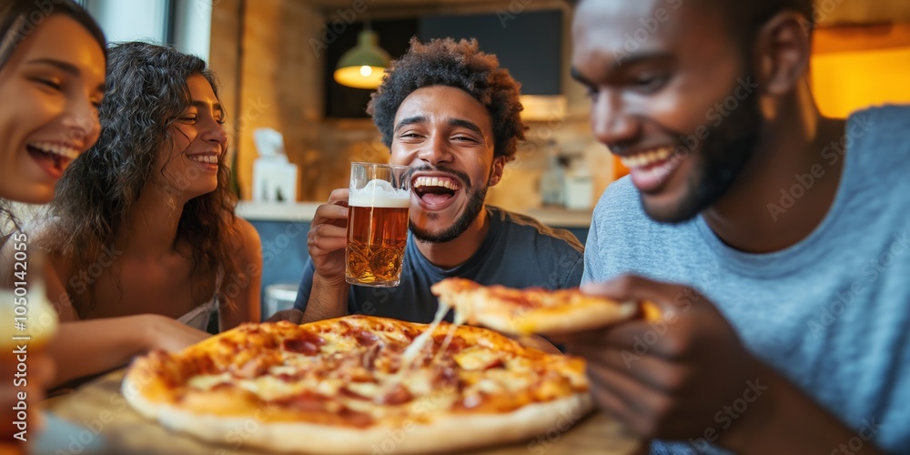 A group of people are enjoying a meal together, with one man holding a glass of beer and a slice of pizza. The atmosphere is lighthearted and fun, as everyone is laughing A group of people are enjoying a meal together, with one man holding a glass of beer and a slice of pizza. The atmosphere is lighthearted and fun, as everyone is laughing