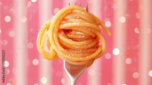 Forkful of spaghetti with tomato sauce on pink background. photo