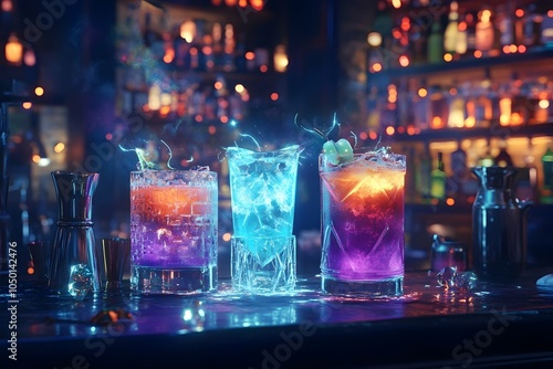 Biokinetic Bartender Crafting Mystical Cocktails with Vibrant Liquids Luminescent Trails and Alchemical Apparatus photo