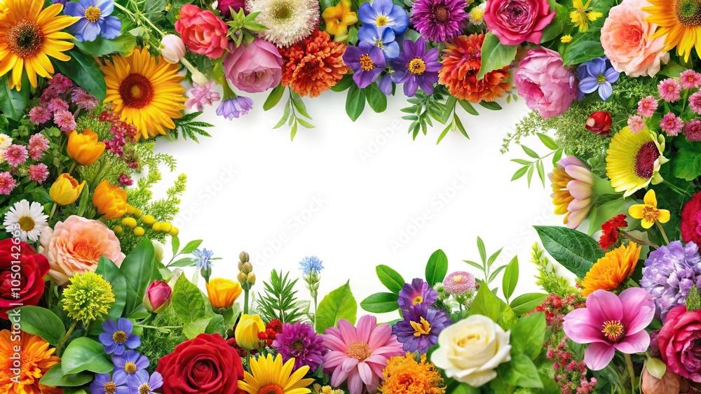 Obraz premium Vibrant floral border with colorful blooms and lush greenery, flowers, garden, flowers