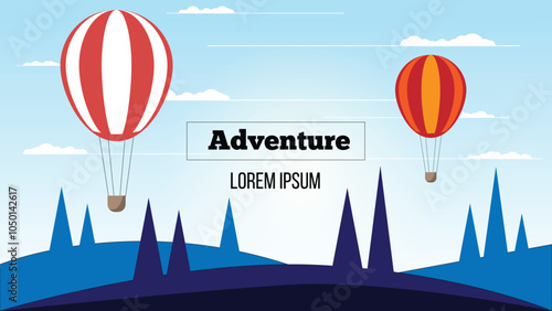 Simple Hillside Forest and Cloudy Landscape with Air Balloons in the Sky. Nature, adventure and hiking outdoors vector art