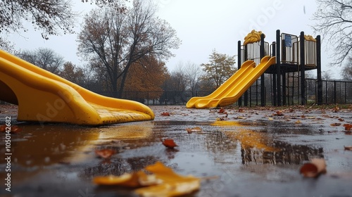 Playground with yellow slides, drenched in rain, leaves scattered across the deserted area, evoking a sense of stillness. photo