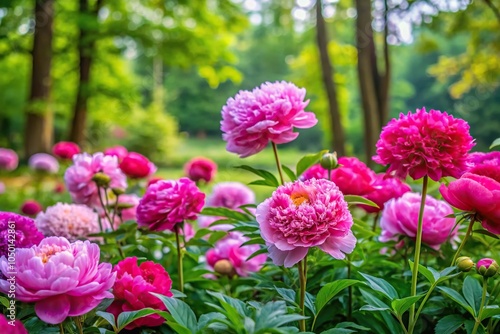 Vibrant peonies blooming in a lush garden surrounded by tall trees and vibrant green foliage, peonies, lush, beautiful