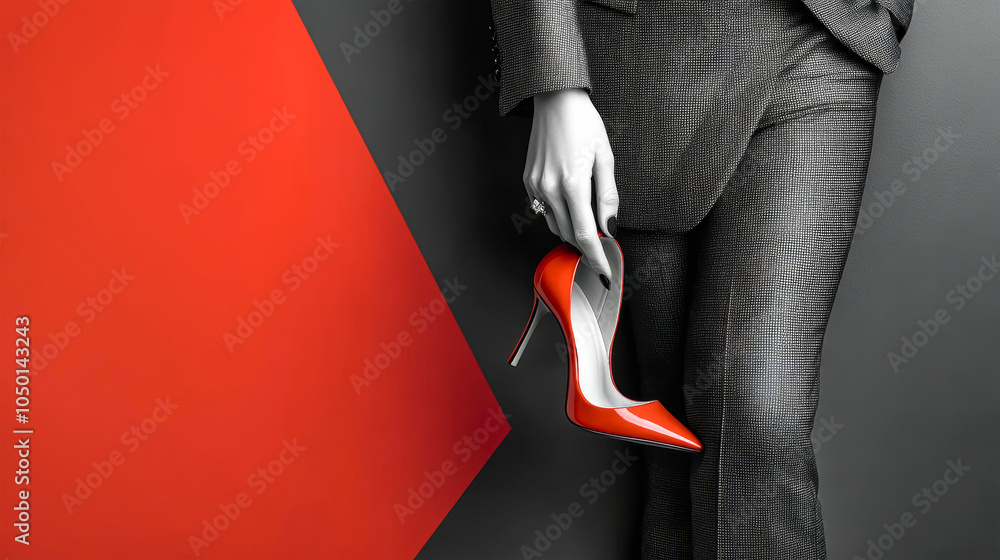 A woman in a suit elegantly holds red high heels against a striking color block background in a balanced and modern composition A woman in a suit elegantly holds red high heels against a striking color block background in a balanced and modern composition