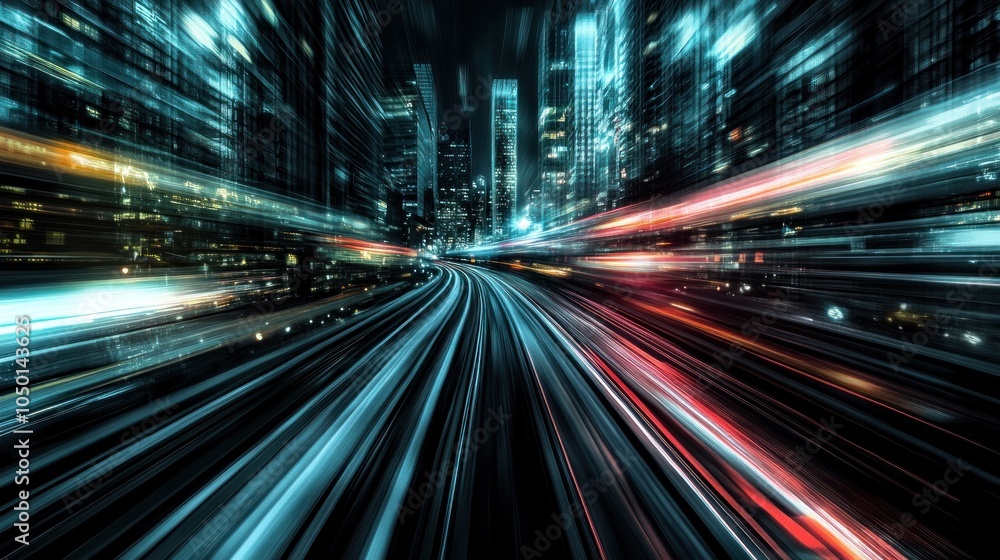 Fototapeta premium A dynamic cityscape with light trails, depicting speed and urban energy.