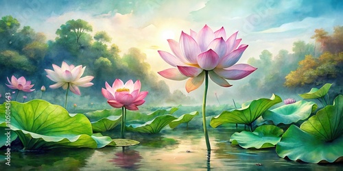 Fototapeta Naklejka Na Ścianę i Meble -  Watercolor painting of lotus flower and plant in a pond