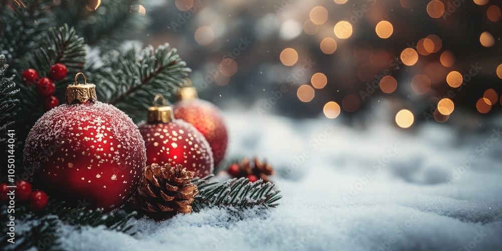 Obraz premium christmas and new year holidays concept. Red balls on fir branches, winter snowy backdrop. festive winter season background. template for design. banner, copy space
