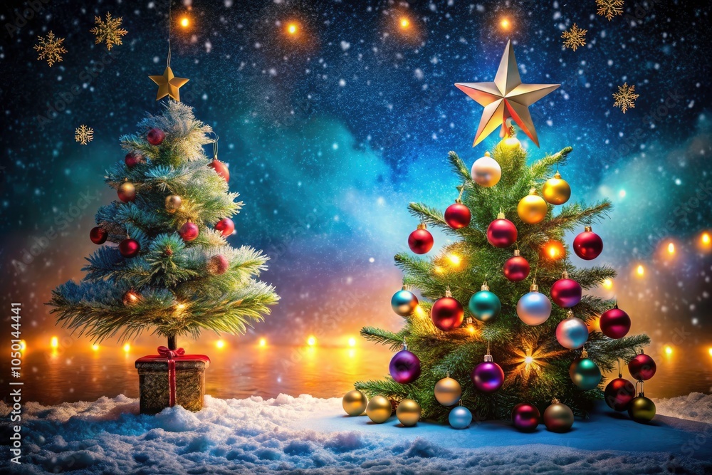Obraz premium Stunning Christmas Tree with Glowing Star Topper in a Festive Holiday Night Scene, Perfect for Festive Decorations, Winter Wonderland, and Holiday Celebrations