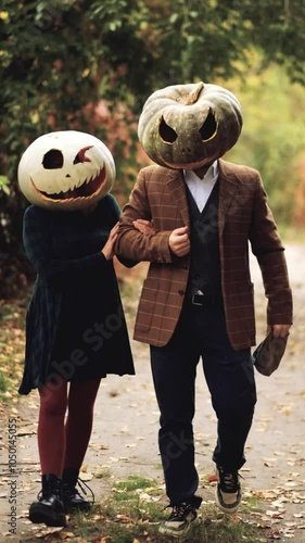 Halloween celebration. Young couple with pumpkin head carved have fun walking in autumn. Creepy orange pumpkin mask for carnival, carved eyes, nose and mouth, jack o lantern. Trick or treat. Vertical