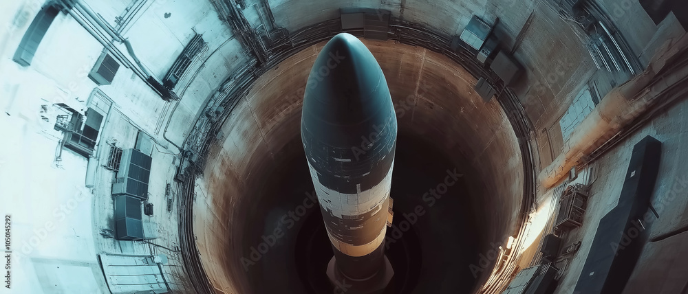 Large ICBM rocket in underground missile silo, view from above. Generative AI