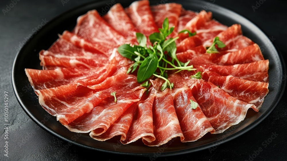 Thin slices of prosciutto di Parma arranged elegantly on a black plate, creating a stylish presentation with ample copy space. Thin slices of prosciutto di Parma arranged elegantly on a black plate, creating a stylish presentation with ample copy space.